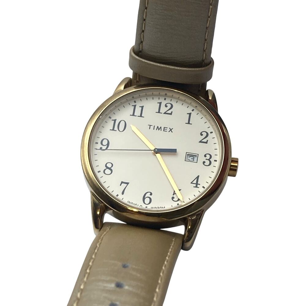 Timex Gold Case White Dial Beige Leather Strap Watch - Picture 5 of 13
